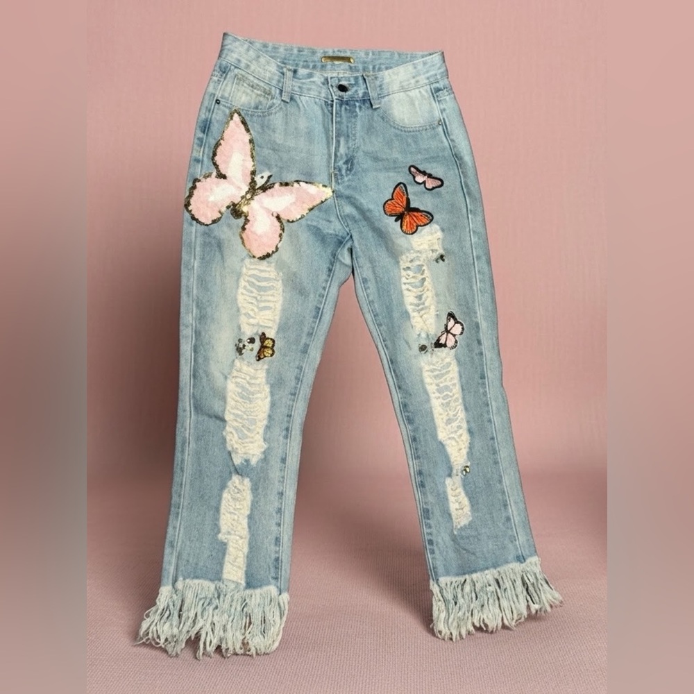 Embroidered Butterfly Fringe Hem Jeans
